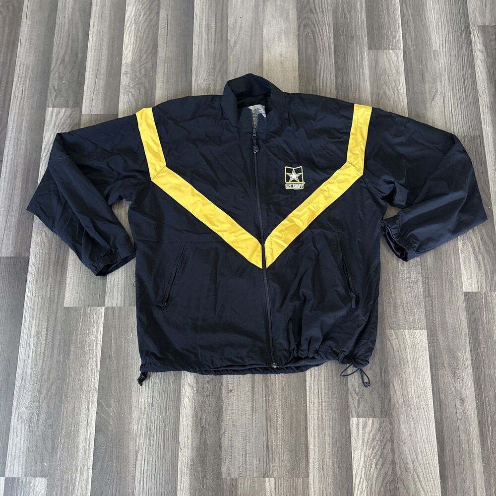 Vintage 90’s US Army Zip Up Windbreaker Track Jacket Black/yellow Large‎ Long